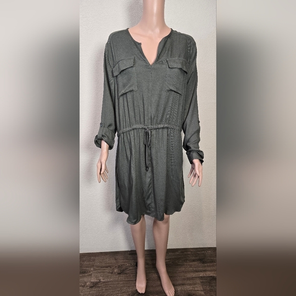 Gap Green long sleeve button up tie waist shirt dress casual Size Large - Picture 2 of 14